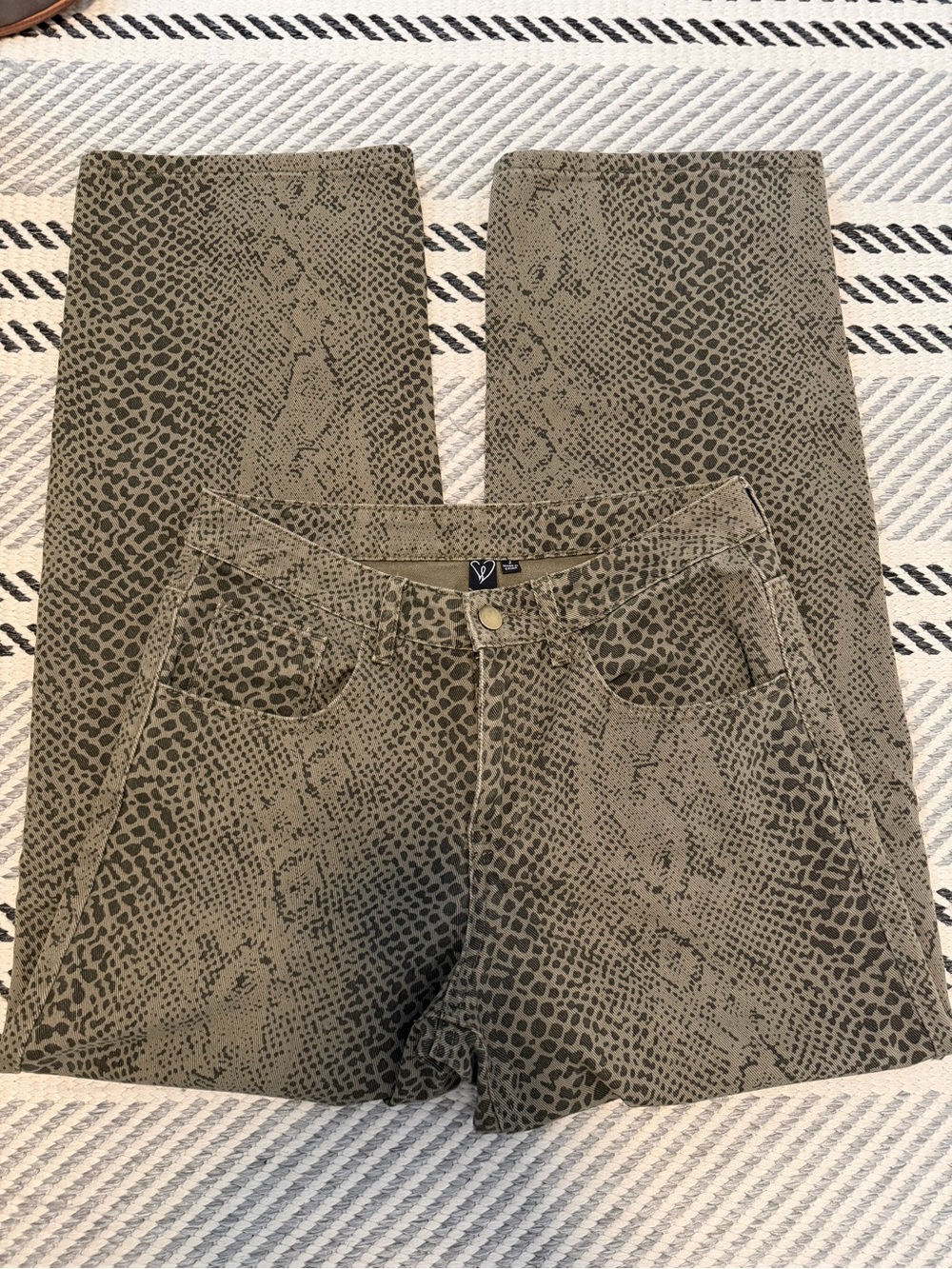 Snake Print Wide Leg Jeans - Olive Green